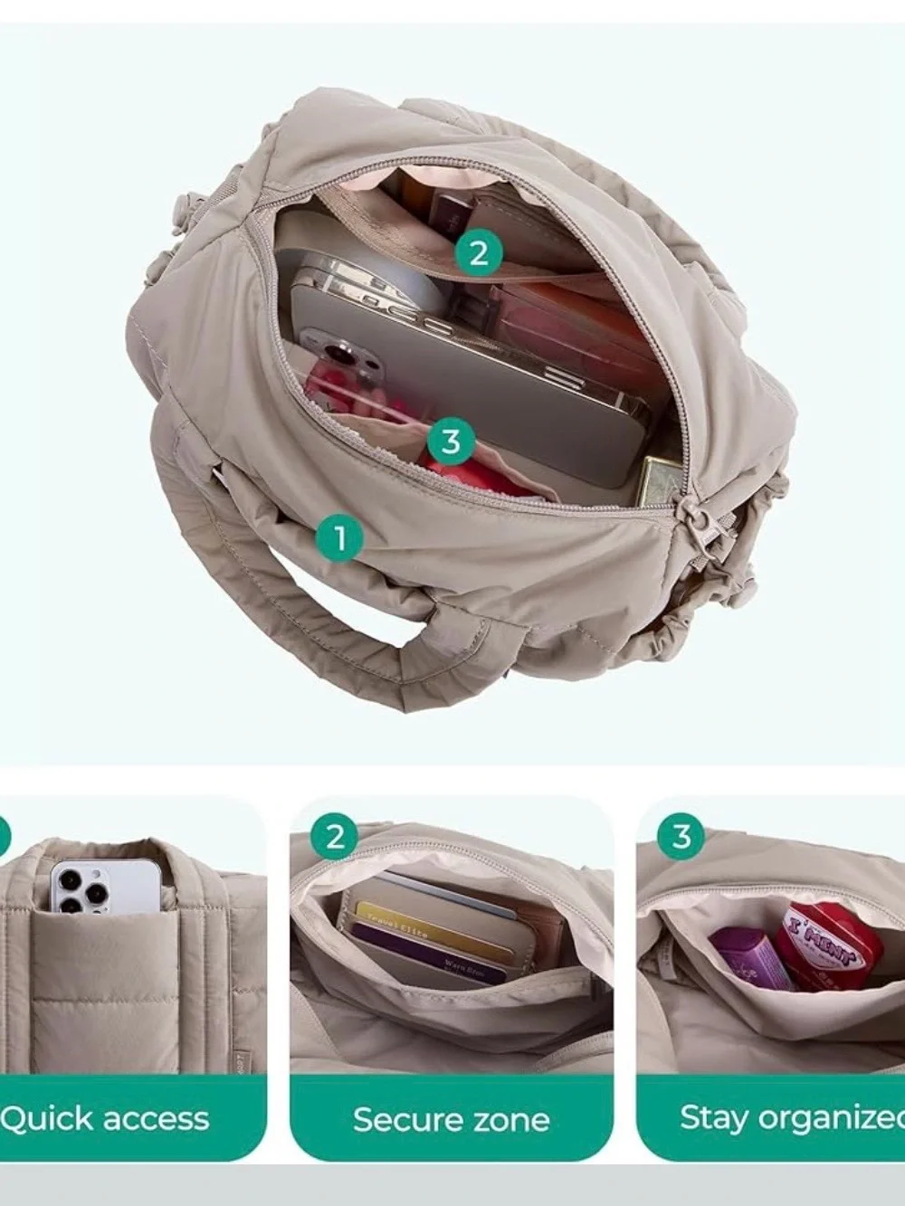 BagSmart Taupe Quilted Mini Duffle Bag